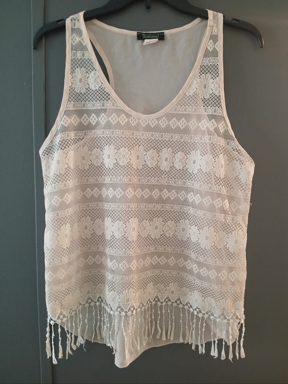 Beware! Brand Women's Boho Sleeveless, Lace, Fringe, Ivory Tank Top Sz M